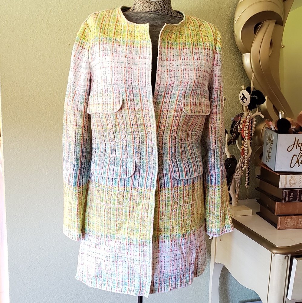 BLONDE No.8 STOCKHOLM Tweed Long Blazer Neon Trim Yellow Blue M Coat - Picture 4 of 16